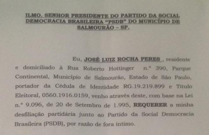 Cpia do ofcio de desligamento do ex-prefeito ao PSDB de Salmouro
