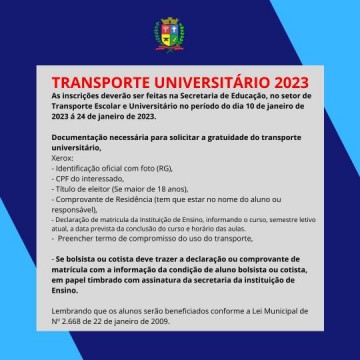 Prefeitura anuncia inscries para o transporte universitrio de 2023