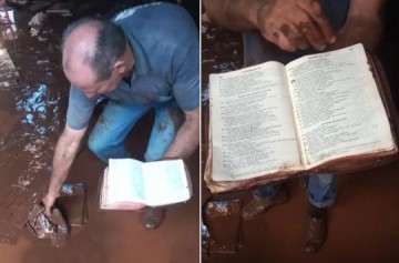 Empresrio acha Bblia aberta e seca em meio a lamaal que inundou serraria durante enchente em Ja: F na recuperao