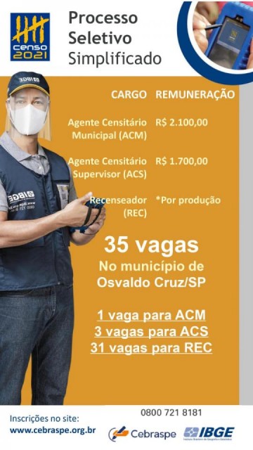 IBGE oferece 35 vagas temporrias em Osvaldo Cruz
