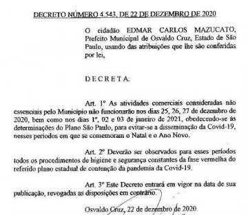 Prefeitura de Osvaldo Cruz segue decreto estadual e determina fechamento de setores no essenciais nas festas de fim de ano